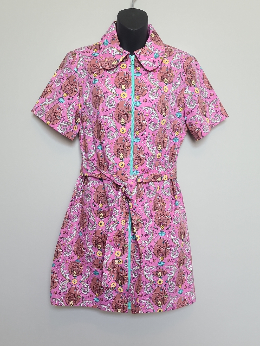 Blue Platypus Zip Front Mini Dress Size Small Tiki Time Monkeys